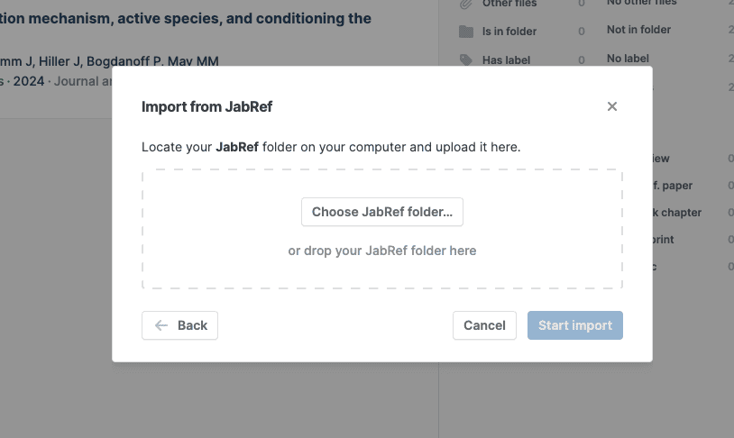 The “Import from JabRef” dialog asking you to locate your JabRef folder, with a “Choose JabRef folder…” drop zone and Back, Cancel and “Start import” buttons.